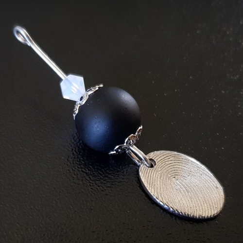 1 montage pendentif perle en verre noir, blanc, breloque ovale empreintes digitales, tige, coupelles, métal argenté 43x10mm