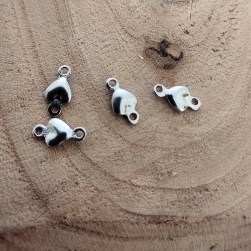 4 mini breloques connecteurs cœurs en acier inoxydable 316 argent