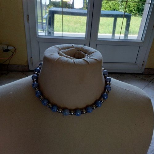 Collier perles céramique bleues et grises