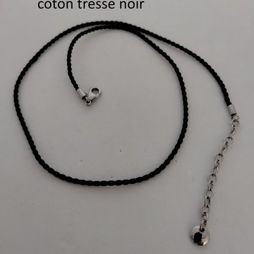 Collier  cordon tressé en coton noir de 1.20mm réglable de 45 à 50cm