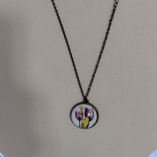 Collier bronze cabochon en verre motifs fleurs