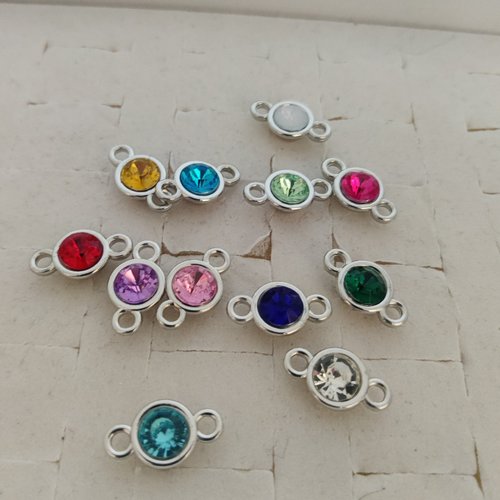 Lot de 6 breloques double connecteur en plaqué argent en cristal