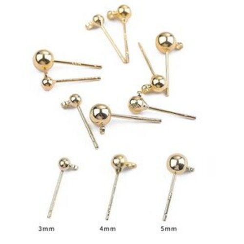 4 paires support boucles d'oreilles tiges calottes boules en plaqué or 14k  avec  boutons poussoirs