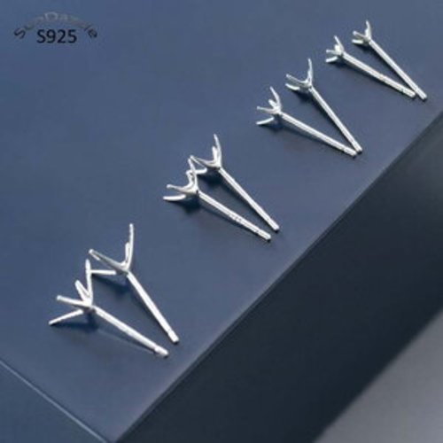 4 paires support boucles d'oreilles à 4 griffes épingles  en argent 925