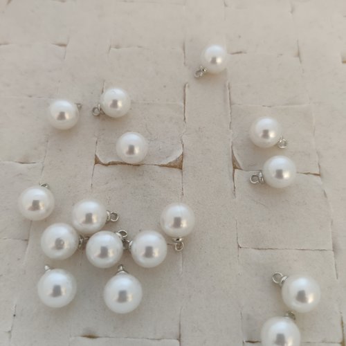 5 pendentifs breloques perle ronde acrylique blanc nacré 8mm pendentif imitation perle sur petite bélière plaqué argent