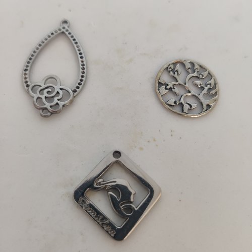 Lot de 3 grands pendentifs breloques acier argent