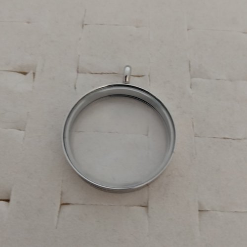 Médaillon rond flottant / pendentif en acier argenté inoxydable et verre transparent