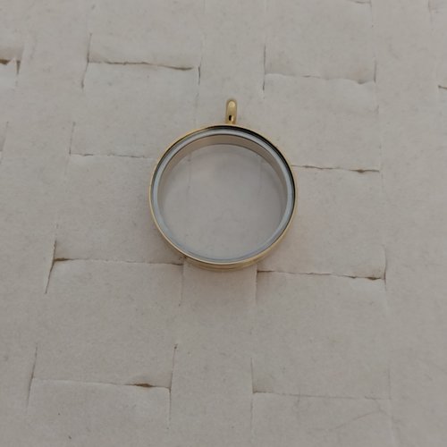 Médaillon rond flottant / pendentif en acier doré inoxydable et verre transparent