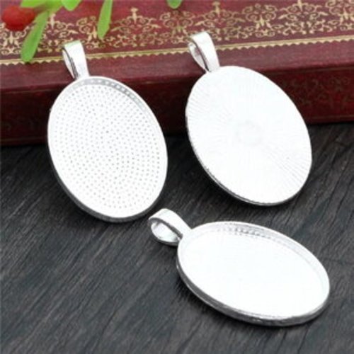 2 pendentifs oval support cabochon en plaqué argent 18x25mm