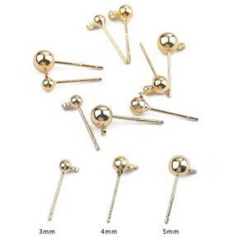 3 paires support boucles d'oreilles tiges calottes boules en plaqué or 14k  avec  boutons poussoirs
