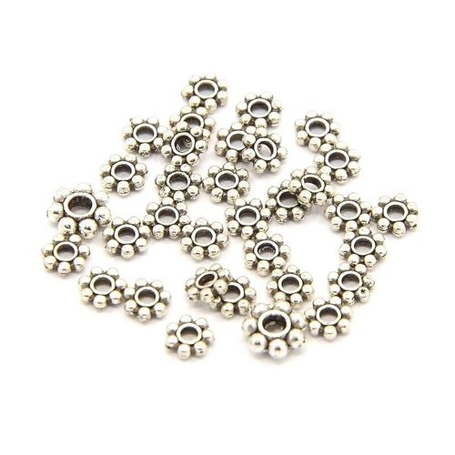 Lot de 10  petites perles intercalaires rondes en forme de fleurs en laiton argent 4.50mm