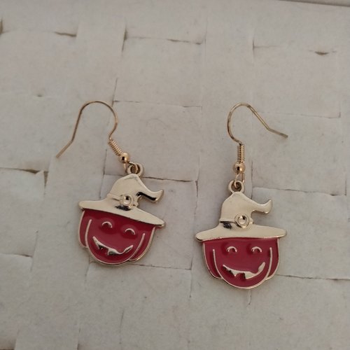 Boucles d'oreilles en acier doré halloween citrouille rouge avec chapeau doré