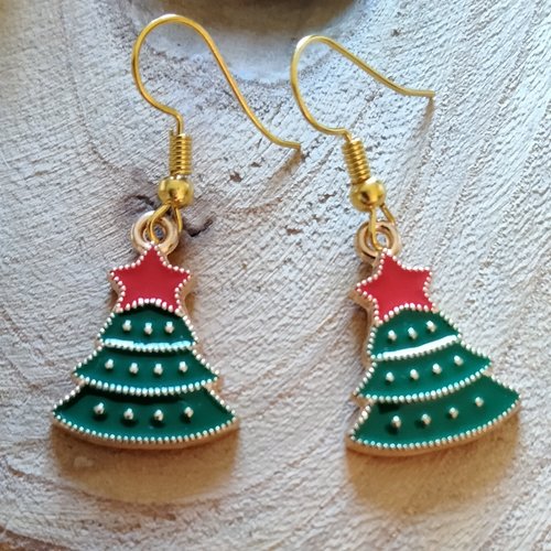 Boucles d'oreilles acier doré sapin de noel rouge et vert enfant