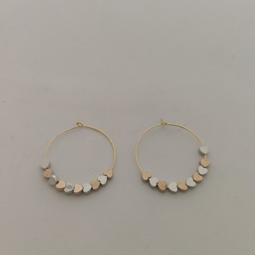 Créoles acier doré perles coeur hématite dorée et grise femme