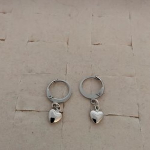 Boucles d'oreilles créoles acier et coeur en argent ou plaqué or 14k