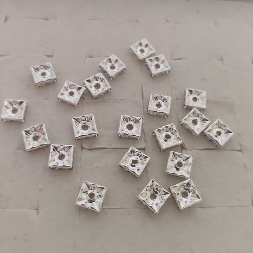 Lot de 10 perles d'espacement carrées métal argent et strass