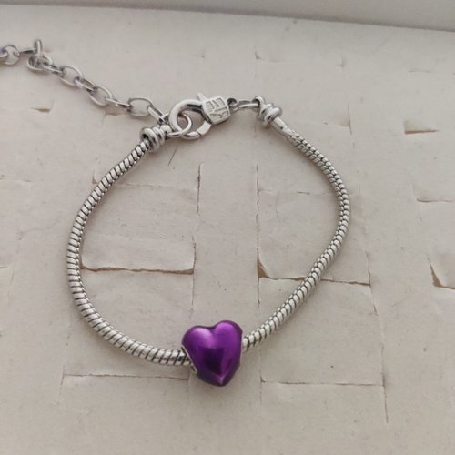 Bracelet acier argent avec perle violette ou rouge en plaqué argent