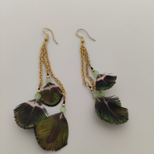 Boucles d'oreilles acier or et plumes