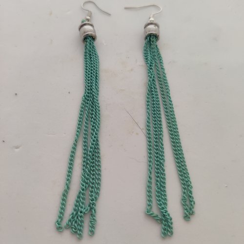 Longues boucles d'oreilles pampilles acier vert et argent