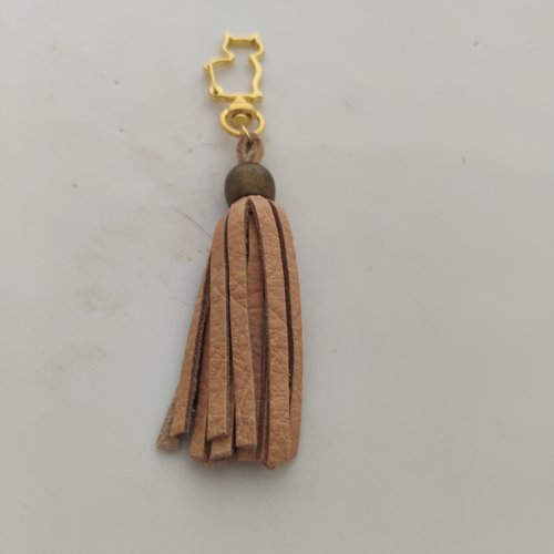 Porte clés chat acier or et franges cuir marron