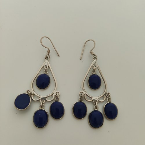 Boucles d'oreilles métal argent avec cabochon imitation lapis lazzuli bleu