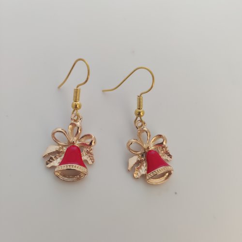 Boucles d'oreilles cloche émail rouge et acier or fille fait main