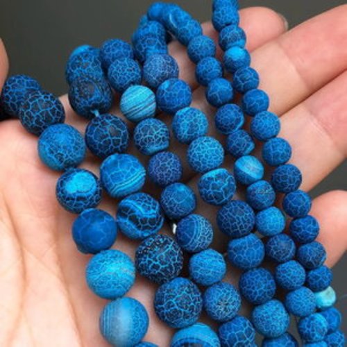 14 perles en pierres d'agate naturelles, bleu foncé glacé et fissuré, feu de dragon craquelé 8mm