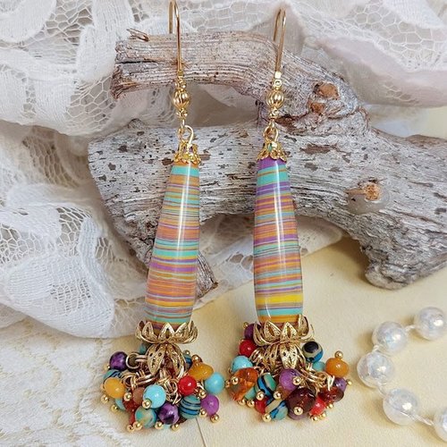 Boucles d’oreilles mandala astral créées avec pierres de gemme naturelles, crochets d’oreilles laiton