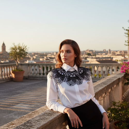 Collier en dentelle tricoté pour femmes / collier blanc 100% coton noir