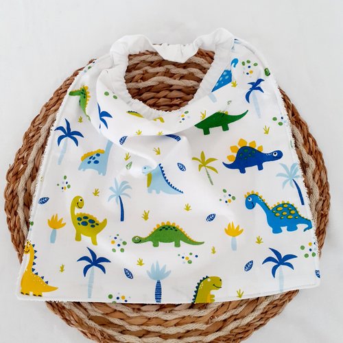 Serviette maternelle ou bavoir de cantine élastiquée en coton blanc motifs dinosaures