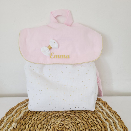 Sac à dos enfant personnalisé ,sac maternelle en double gaze rose à pois dorés , sac pour la crèche ou la nounou