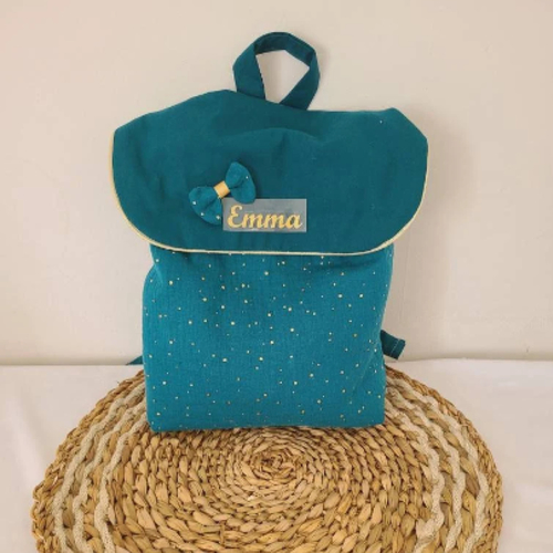Sac à dos enfant personnalisé ,sac maternelle en double gaze bleu paon à pois dorés , sac pour la crèche ou la nounou
