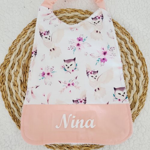 Serviette cantine maternelle personnalisée ou bavoir de cantine élastiquée motif hiboux
