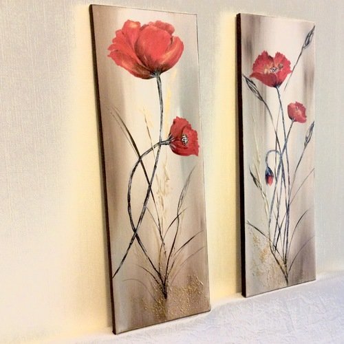  décoration murale,tableau abstrait diptyque et fleurs rouges  