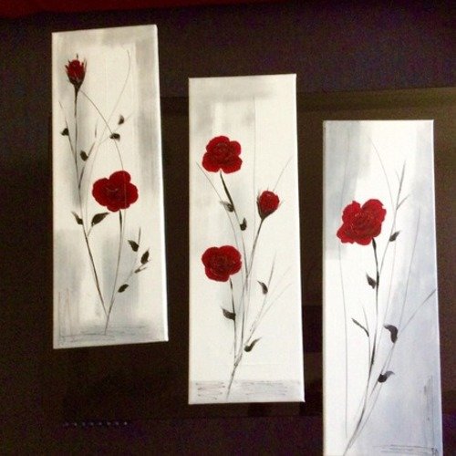 Tableau peinture contemporaine triptyque roses rouges 