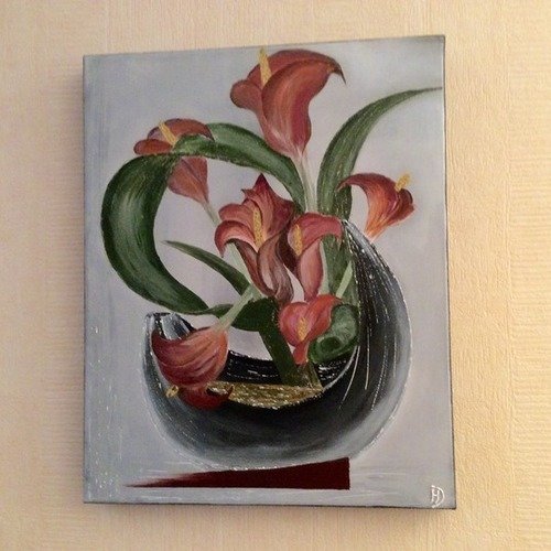 Tableau acrylique peinture fleurie "bouquet  arums " 