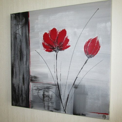 Tableau abstrait gris et  duo design fleuri rouge 