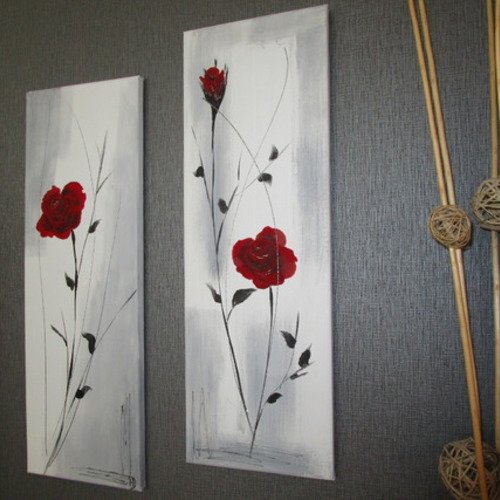 Tableau abstrait diptyque gris et fleurs rouges 