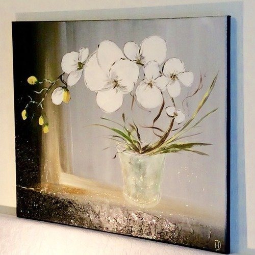 Tableau "orchidée blanche" peinture acrylique  reserve 