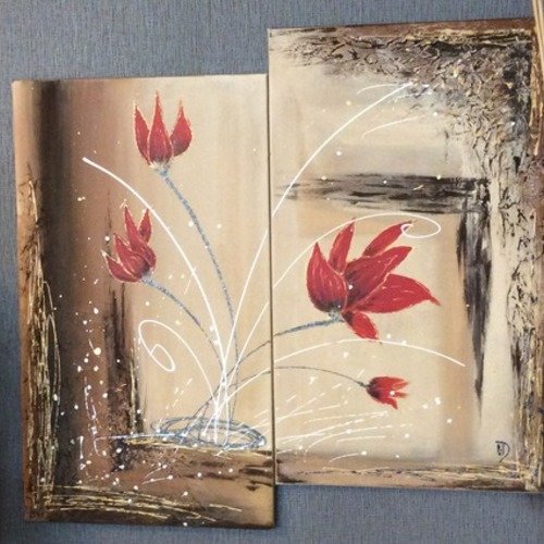 Décoration murale,tableau abstrait fleuri en diptyque " tulipes flammes rouges" 35cm/60cm x 2 