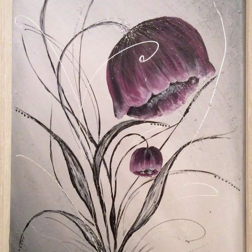 Grand tableau abstrait  fleurie "pavot violet". 50/70 cm