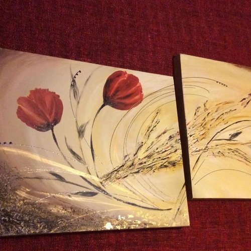 Tableau peinture acrylique diptyque fleuri rouge 