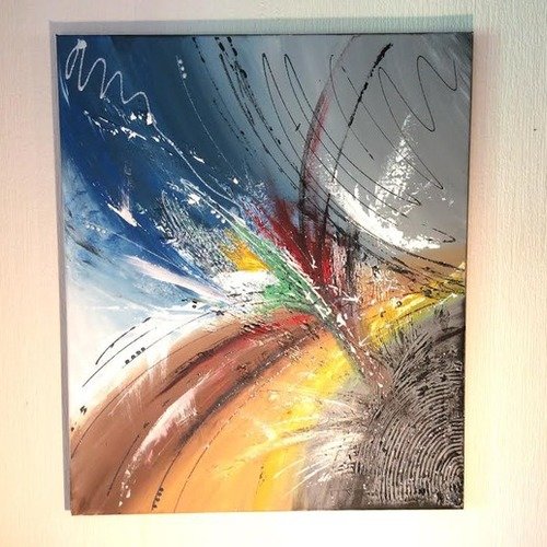 Tableau art contemporain abstrait bleu ,gris et tons chauds vendu 