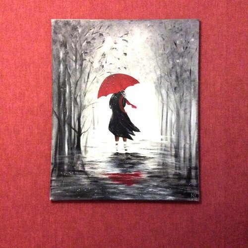Tableau peinture abstraite  gris  " le parapluie rouge" 