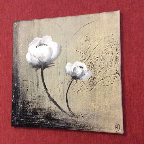 Tableau abstrait fleuri  blanc " fleurs de coton" (40 x 40 cm) :  vendu 