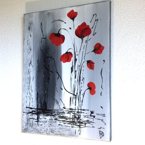Vendu tableau gris et rouge fleuri
