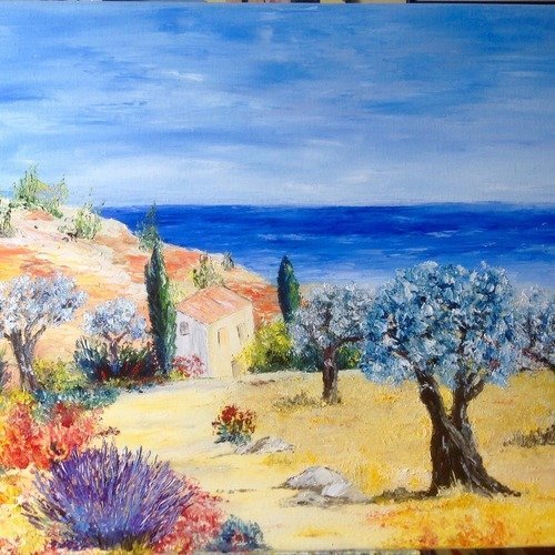 Tableau " jardin en provence " - peinture à l'huile au couteau sur toile de coton - paysage de provence