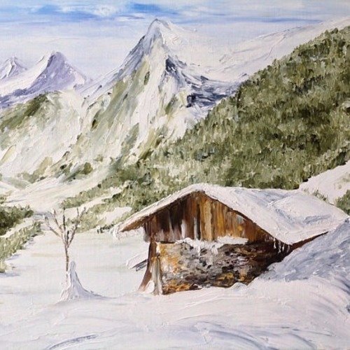Tableau  le chalet en hiver  peinture à l'huile au couteau  paysage de montagne