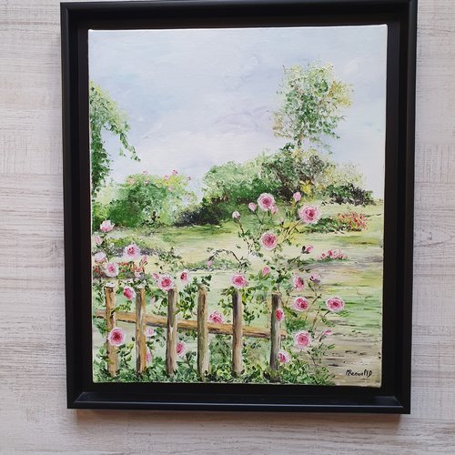 La barrière ancienne et ses roses - peinture à l'huile au couteau - jardin bucolique anglais - tableau les roses