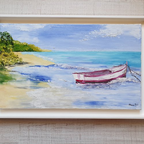 Tableau la barque  abandonnée   paysage marin  peinture à l’huile au couteau océan atlantique - vendée